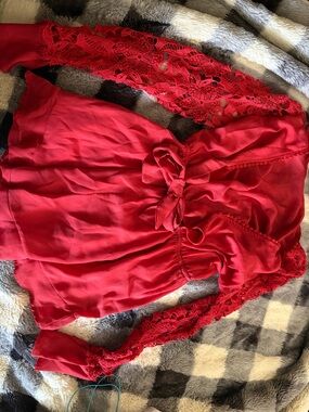 Red Lace Sleeve Tie-Front Jumpsuit